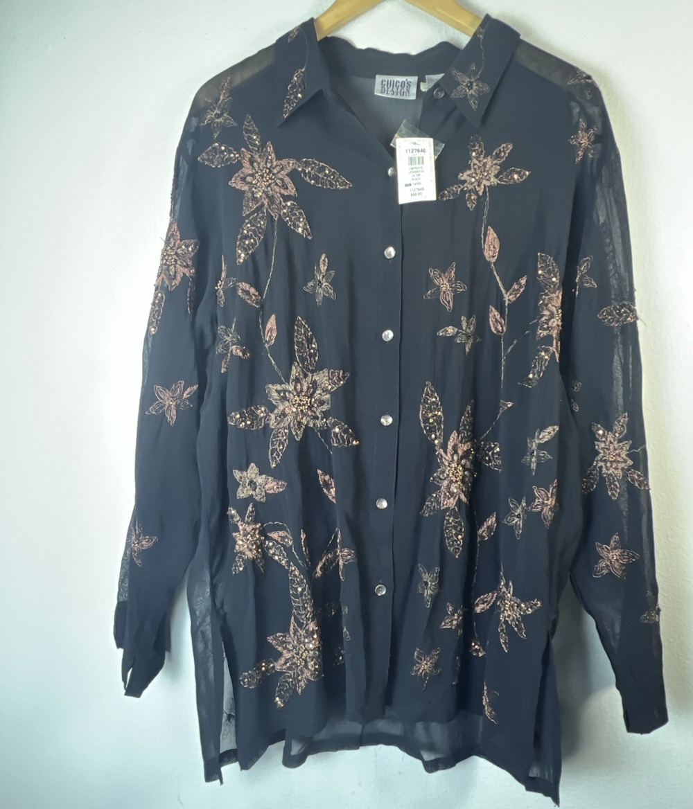 Chico's 3 Sheer embroidered Blouse chicos XL gold beaded floral Boho vintage NWT